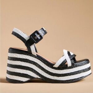 Anthropologie Striped Black and White Espadrille Wedges